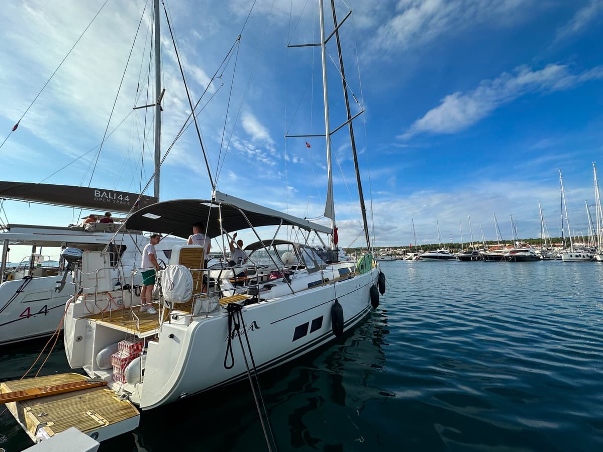 The Hanse 588 sailboat moored in Biograd na Moru marina, Croatia, ready for a week long sailing workation.