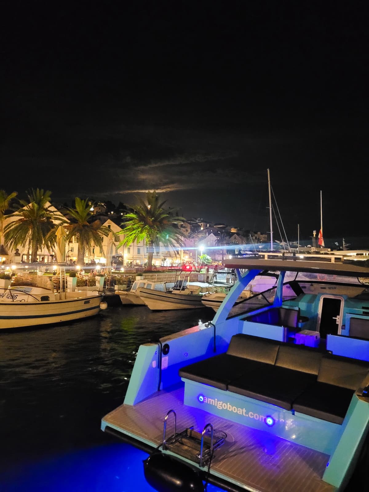 Illuminated boats and palm trees reflecting in Hvar marina harbour at night during the summer workation in Croatia.