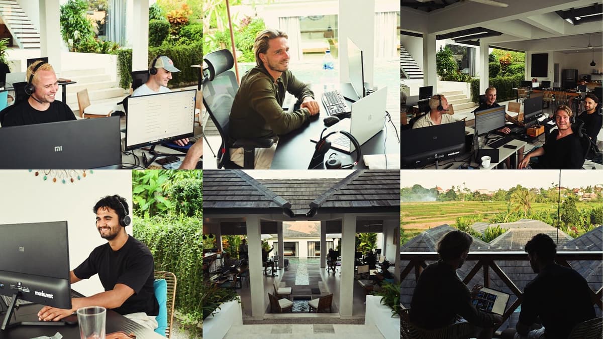 Staffinghouse team working with dual monitors and ergonomic setups at their Bali villa during a company workation.