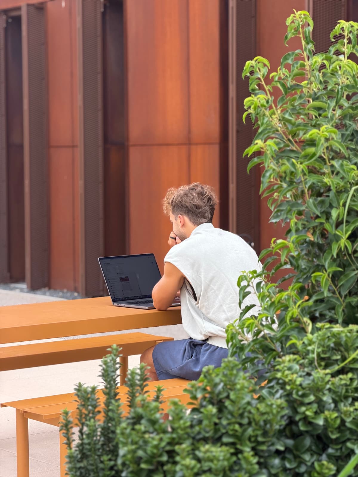 Lucas Kampf working on a laptop at an outdoor table, seen from behind, surrounded by planting and rust coloured walls