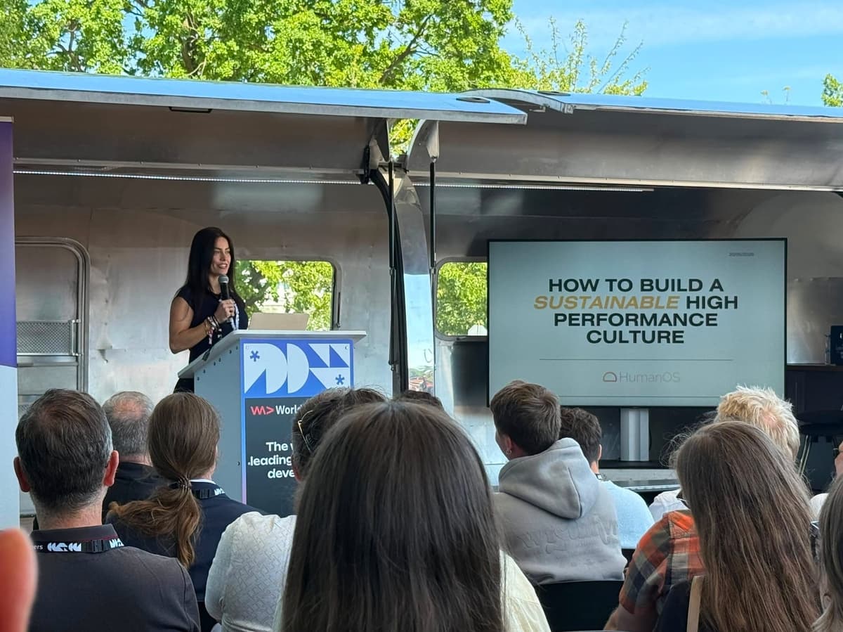 Bianca Errigo speaking on building a sustainable high performance culture at We Are Developers 2026