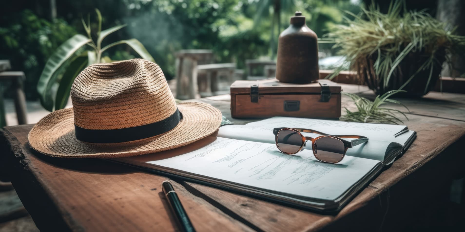 Work-life balance workspace outdoors with a straw hat, notebook, and sunglasses, showing the productive workation retreat lifestyle.