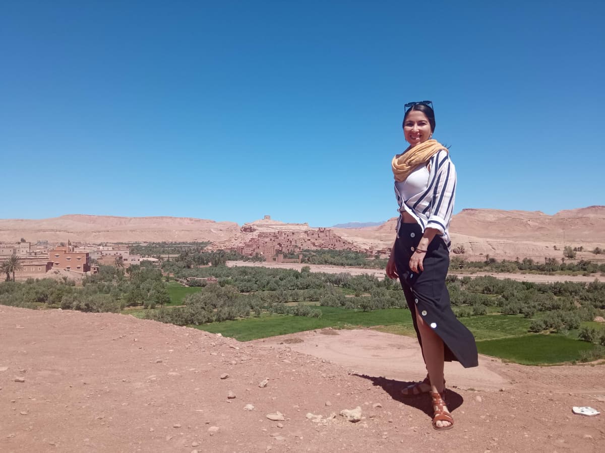 PR strategist Alexia de Souza at Ait Benhaddou, Morocco during international travels.