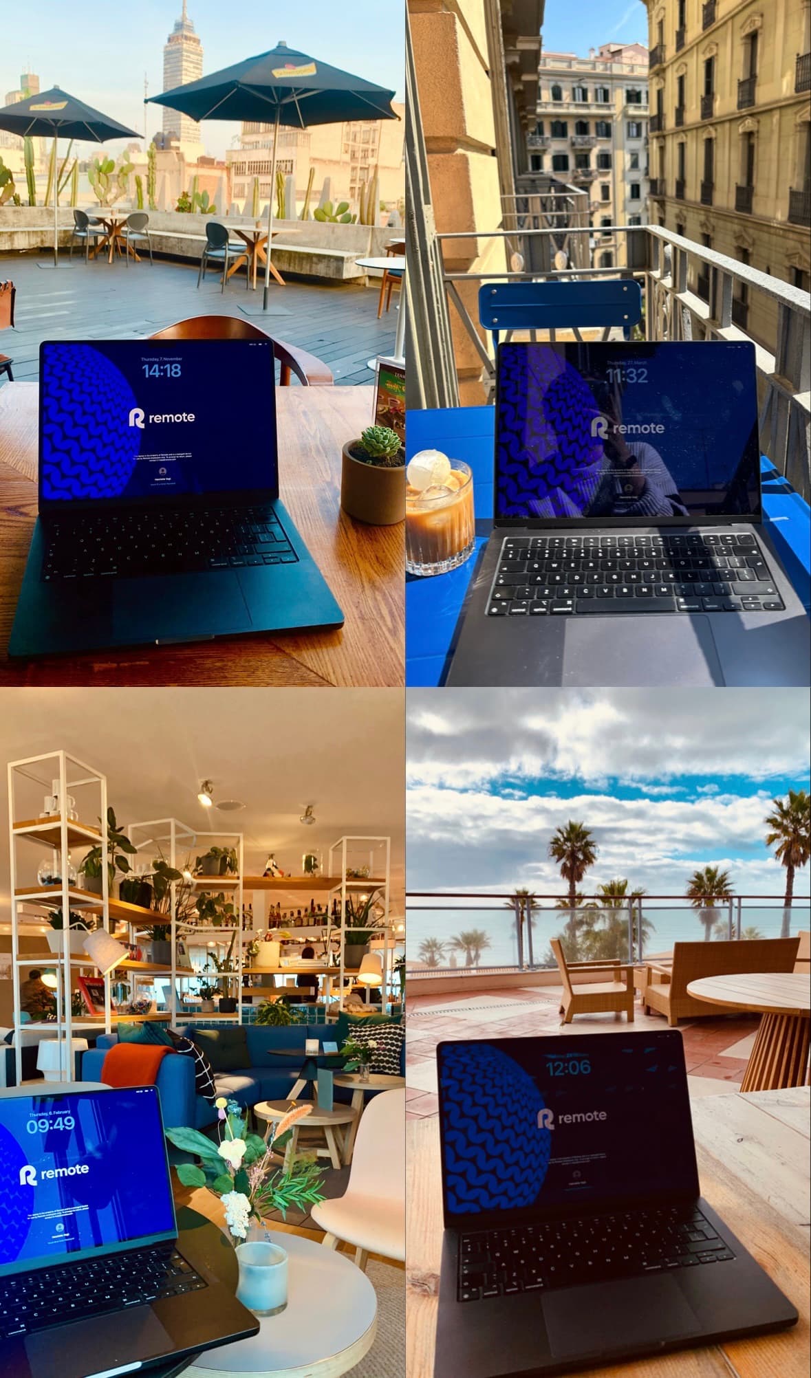 Remote.com workation laptop setups with Barcelona rooftop and European city views.