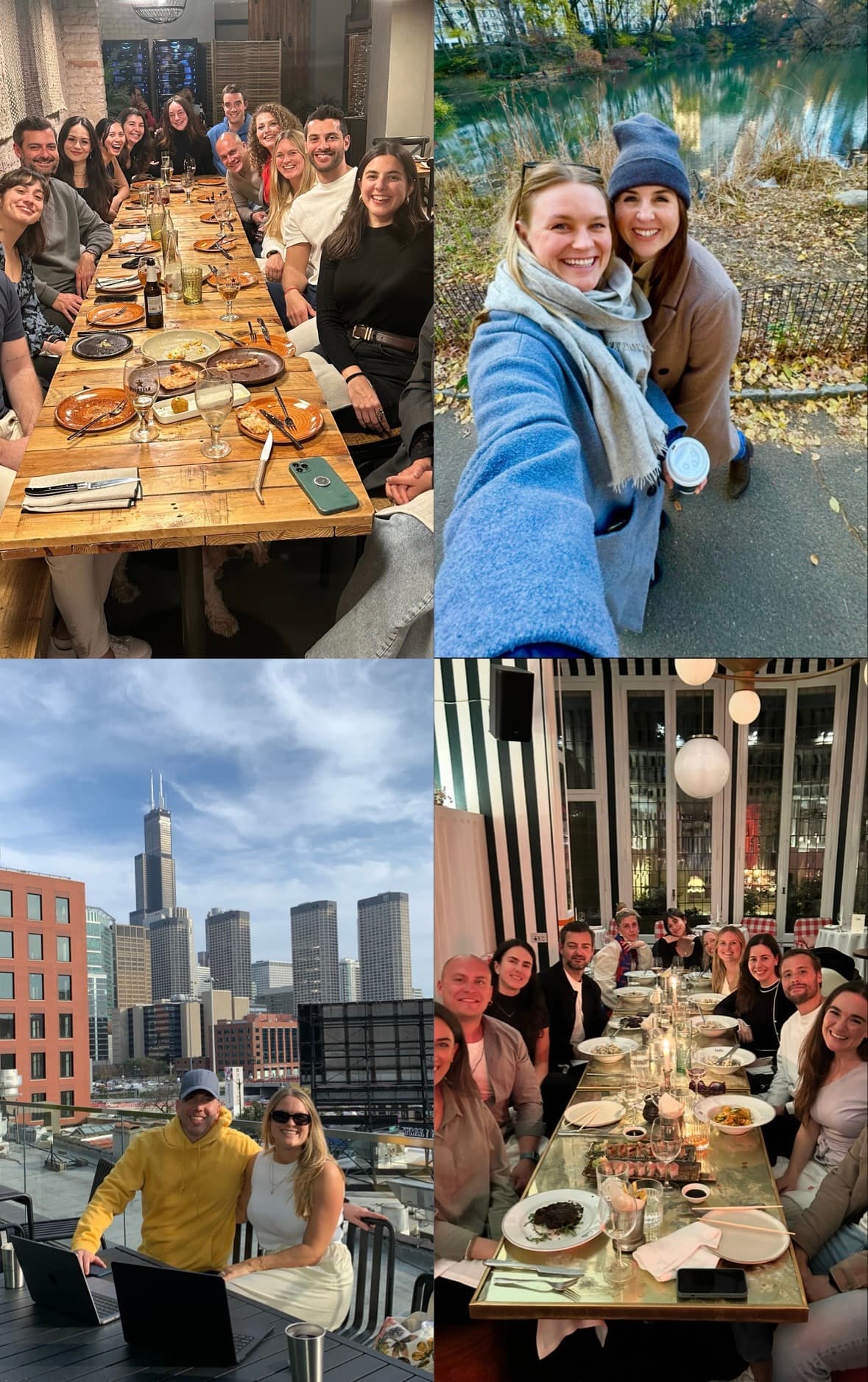 Remote.com team retreat moments, from dinners and park walks to rooftop coworking.