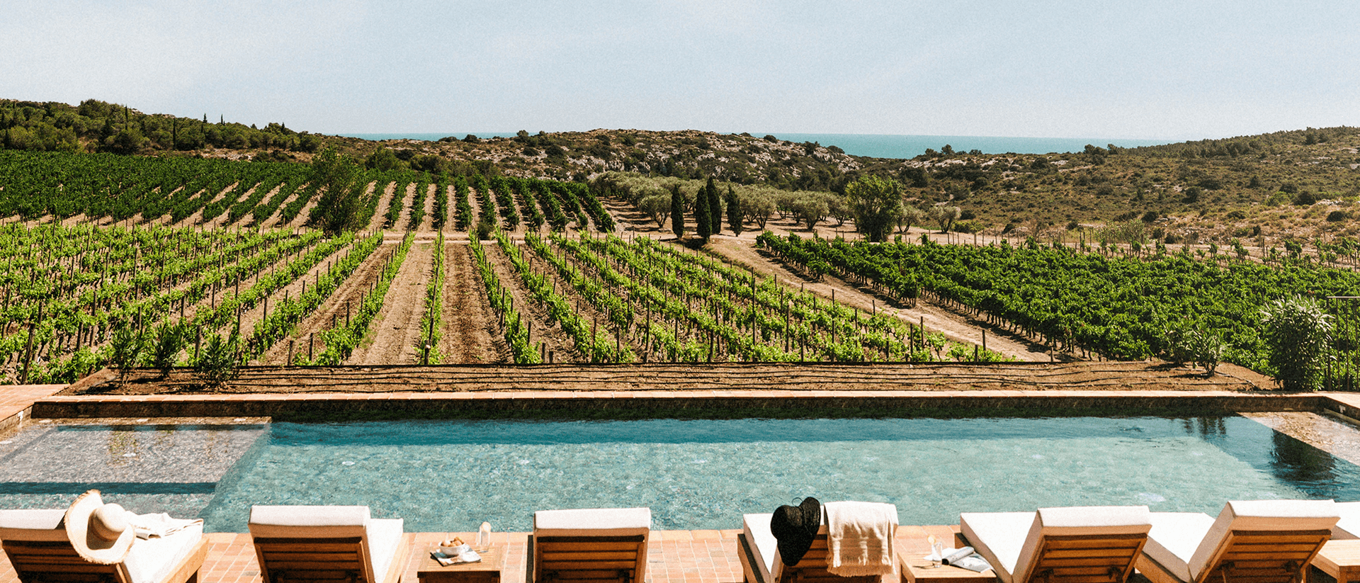Infinity pool and sun loungers overlooking vineyard rows and the sea at a French retreat venue