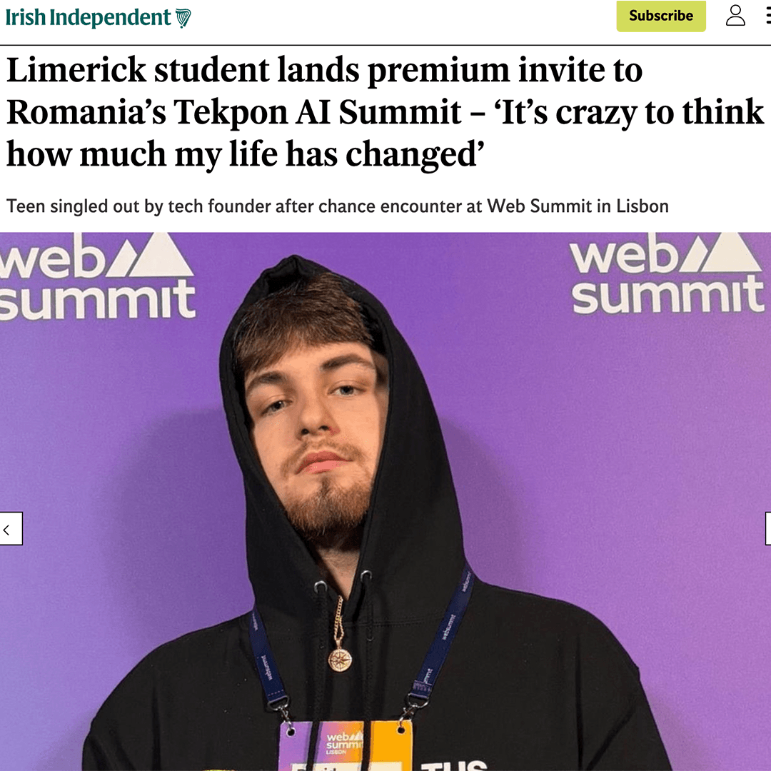 Irish Independent article about student David Hackett flying to the Tekpon AI Summit after meeting Driftawave founder Gina Schinkel at Web Summit