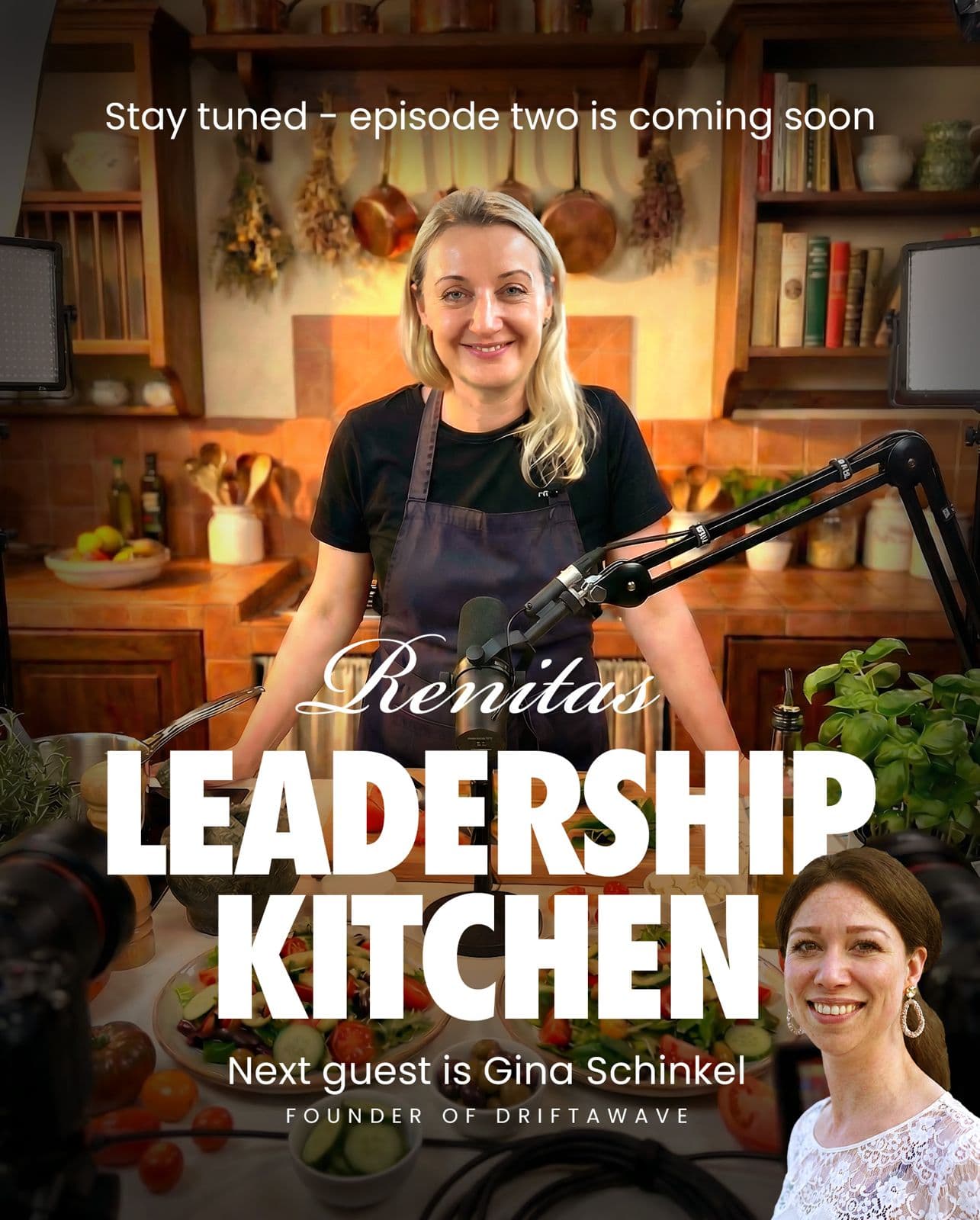 Renita Käsper in her Leadership Kitchen studio announcing Gina Schinkel, founder of Driftawave, as the next guest of the Leadership Kitchen podcast