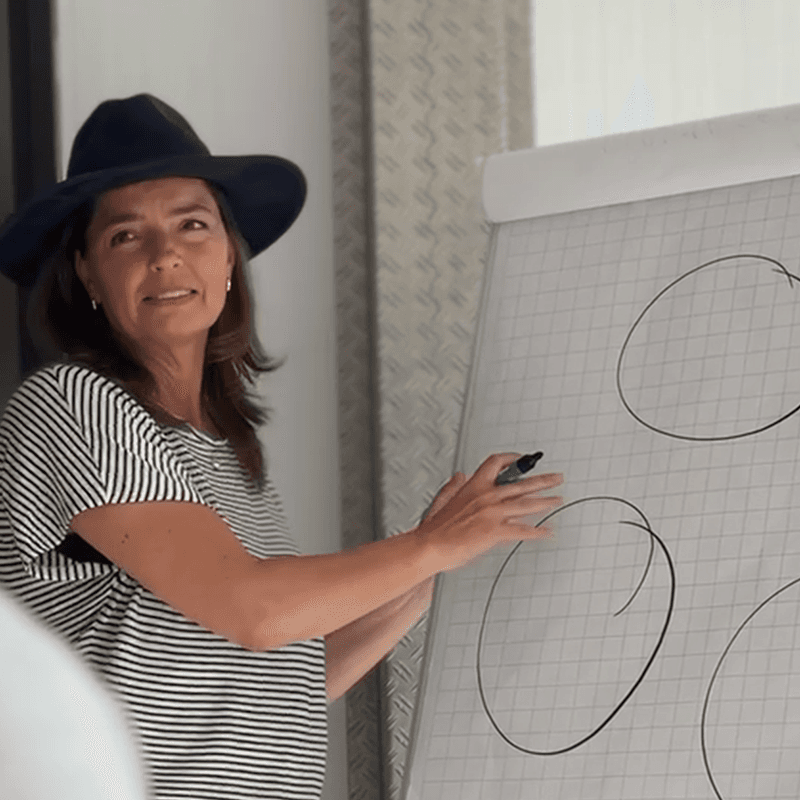 Esther van Toledo drawing on the flip chart, leadership workshop on a Driftawave team retreat
