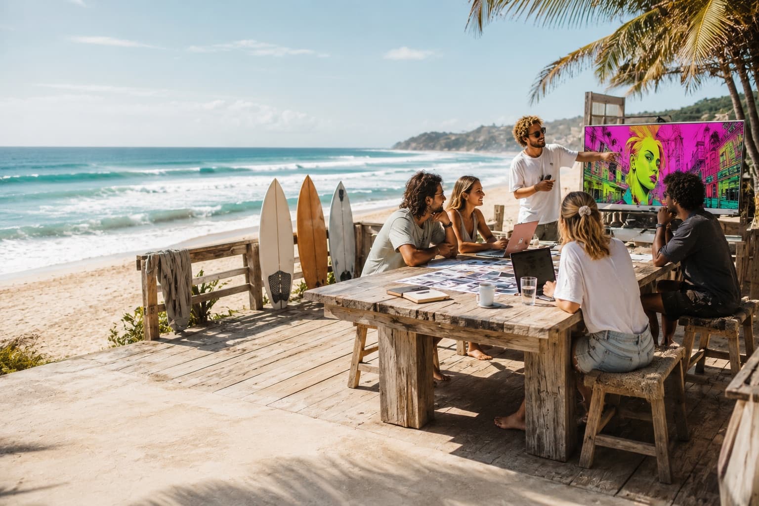 Creative team working on a beach deck with surfboards and a neon AI art screen during a Creative AI Workflow Offsite