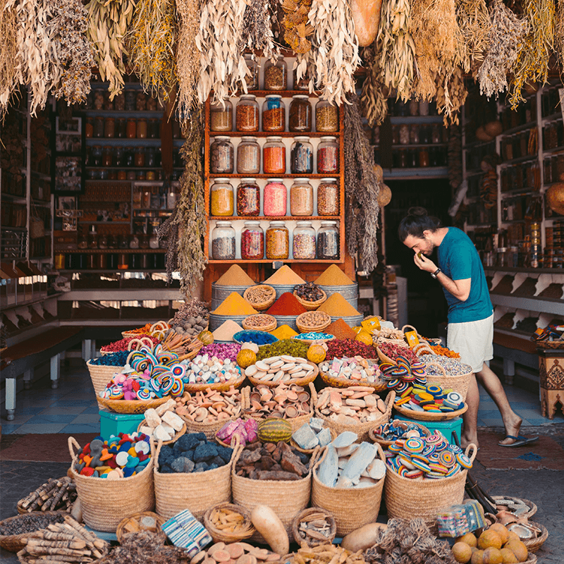A Moroccan spice market in full colour, culture immersion on an innovation team retreat